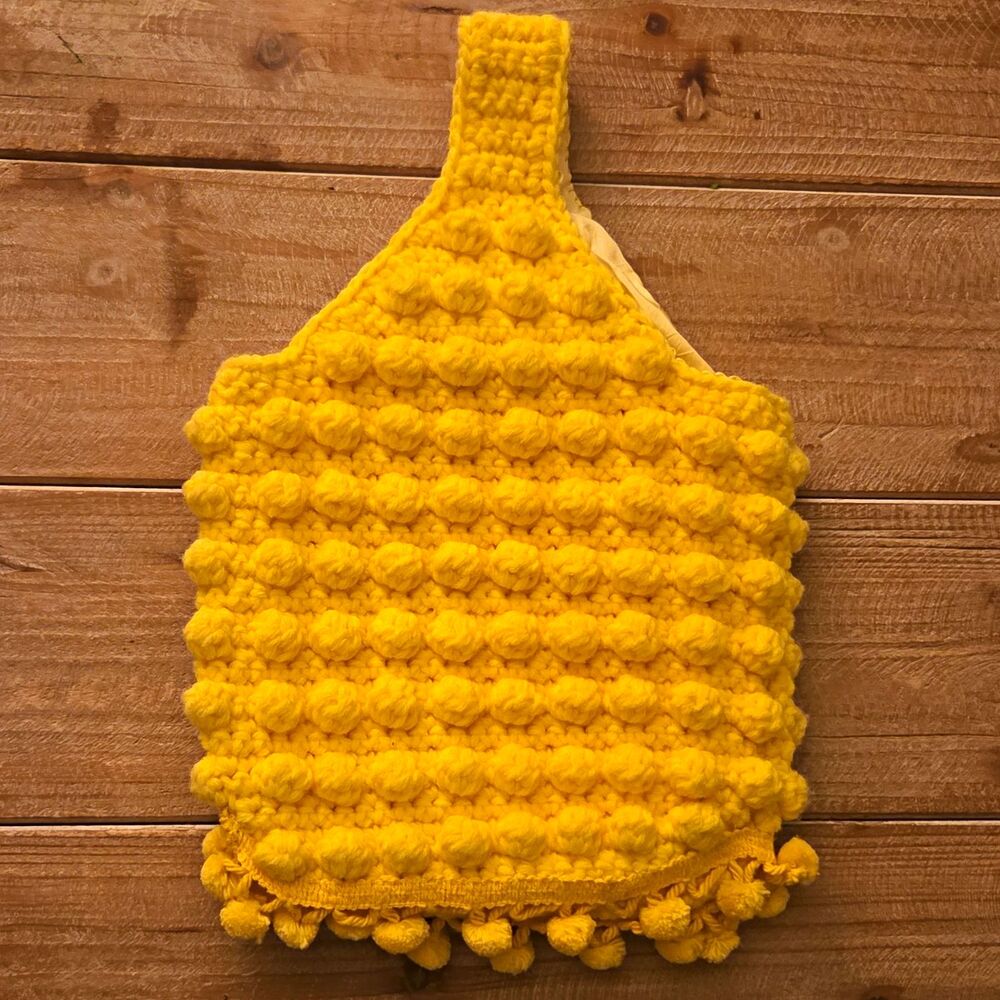 Handmade Retro Boho Crochet Bobble Stitch  Yellow Popcorn Knit Pom Pom Purse